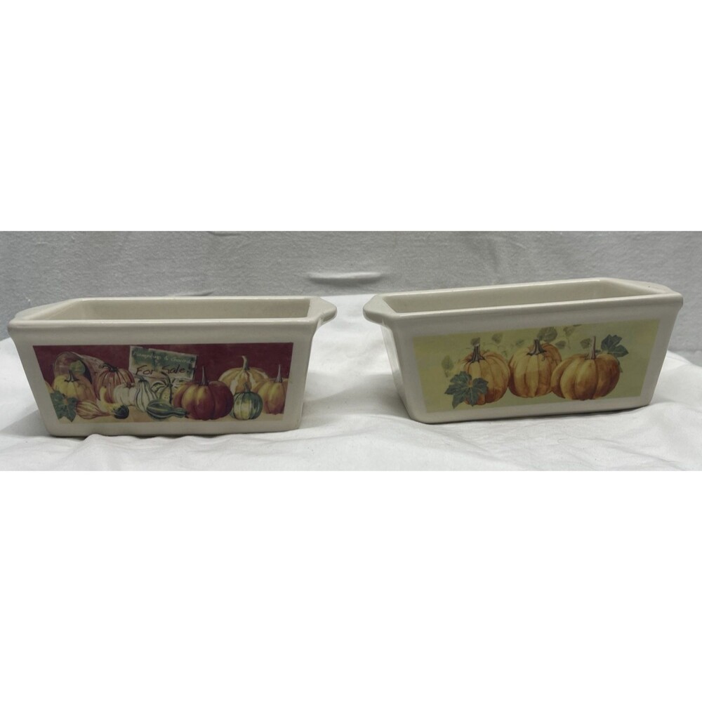 Set of 2 Nantucket Mini Ceramic Loaf Pans Baking Dishes Autumn Fall Halloween